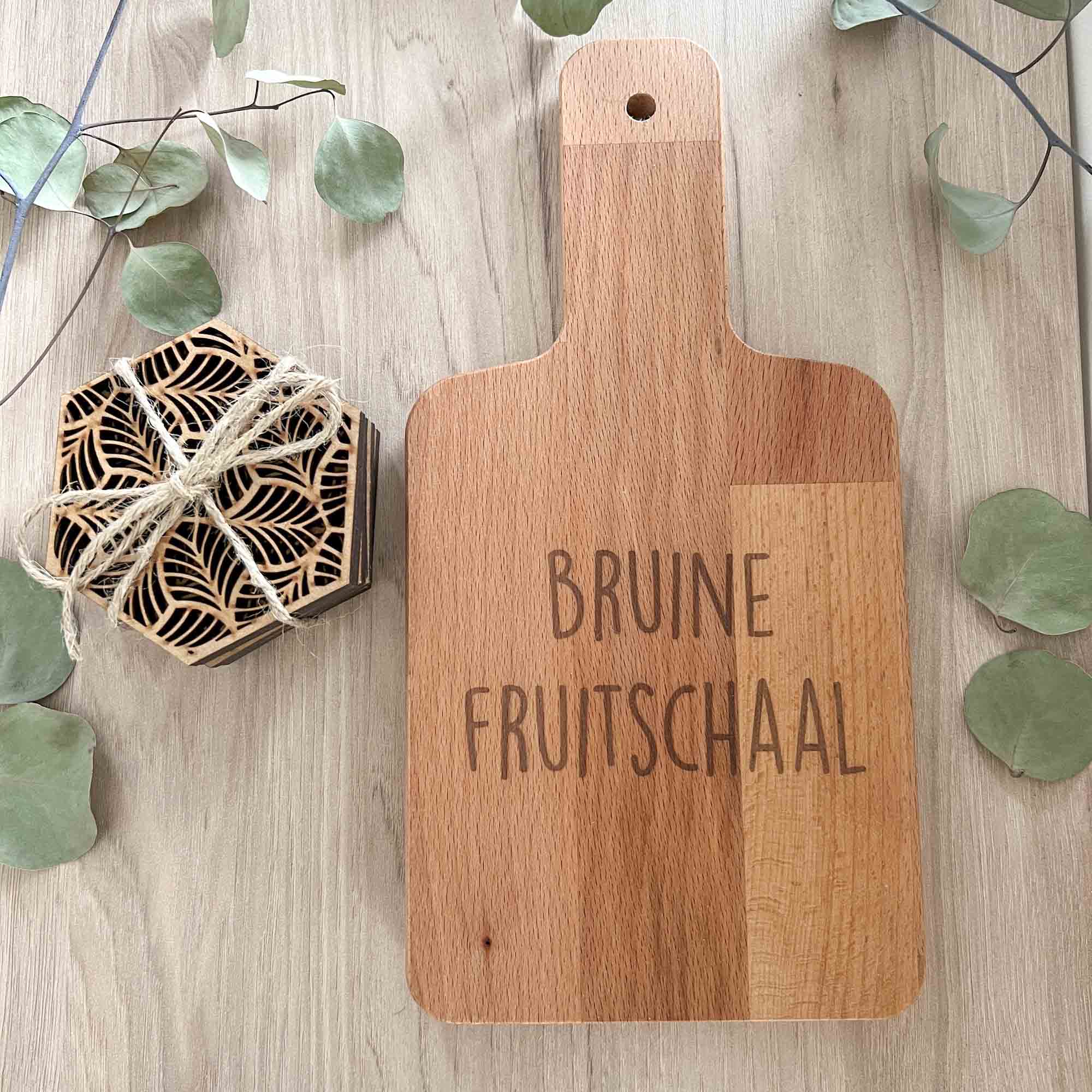 Cadeaupakket - Bruine fruitschaal + Onderzetters